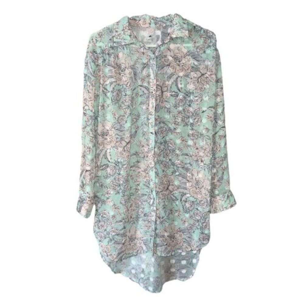 𝅺cupio Women's Long Sleeve Button Down Floral Sheer
Textured Tunic Blouse Sz M‎